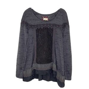 Anthropologie Top Meadow Rue Gray Knit Lace Peasant Ruffle Blouse Sz M